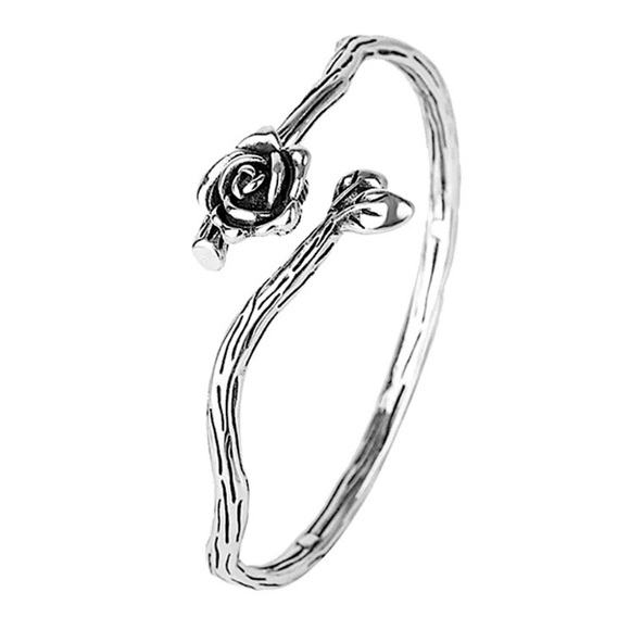 Flower Sterling Silver Bangle Cuff Bracelet - Picture 5 of 6